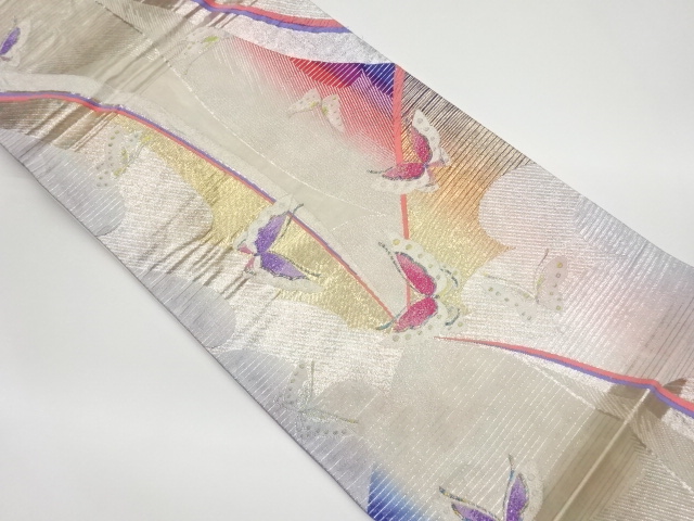 縞に曲線・蝶模様織出し袋帯